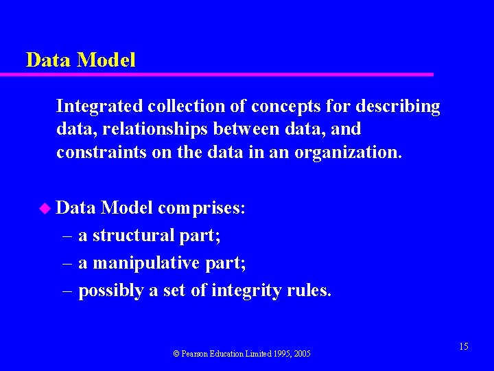 Data Model Integrated collection of concepts for describing data, relationships between data, and constraints