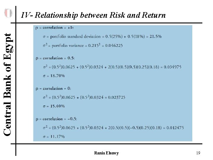 Central Bank of Egypt IV- Relationship between Risk and Return Rania Elsawy 19 