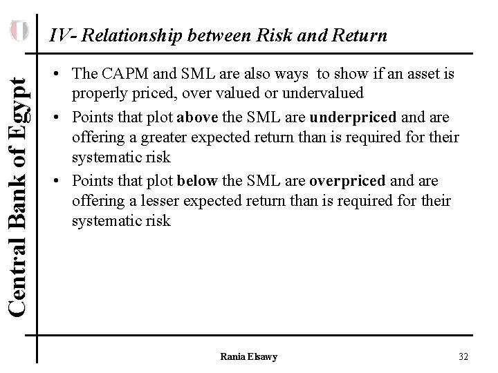 Central Bank of Egypt IV- Relationship between Risk and Return • The CAPM and