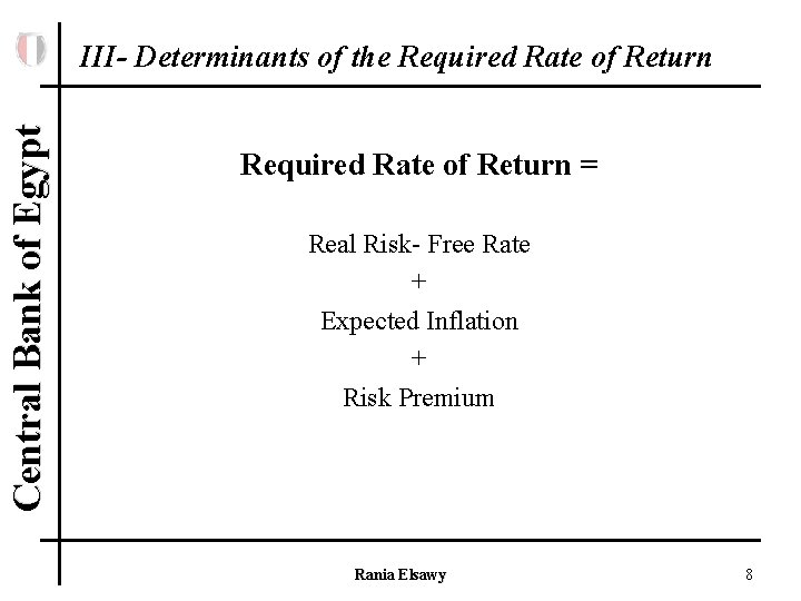 Central Bank of Egypt III- Determinants of the Required Rate of Return = Real