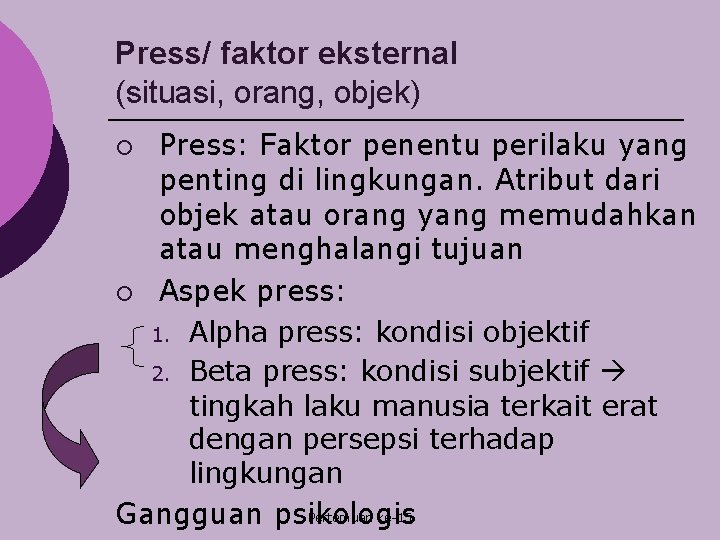 Press/ faktor eksternal (situasi, orang, objek) Press: Faktor penentu perilaku yang penting di lingkungan.