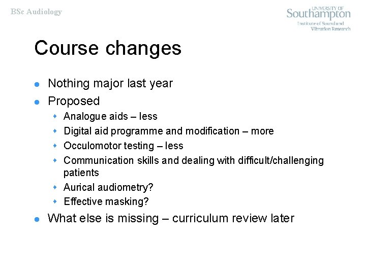 BSc Audiology Course changes l l Nothing major last year Proposed s s Analogue