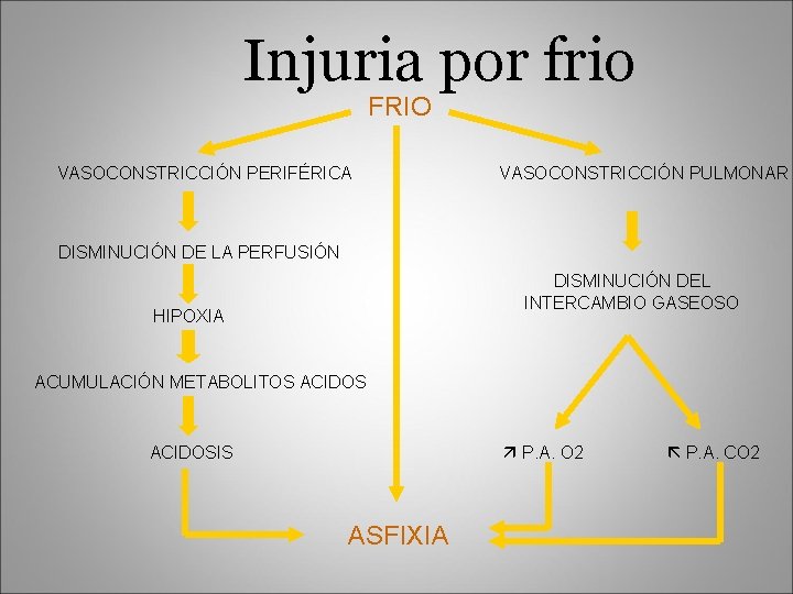  Injuria por frio FRIO VASOCONSTRICCIÓN PERIFÉRICA VASOCONSTRICCIÓN PULMONAR DISMINUCIÓN DE LA PERFUSIÓN DISMINUCIÓN