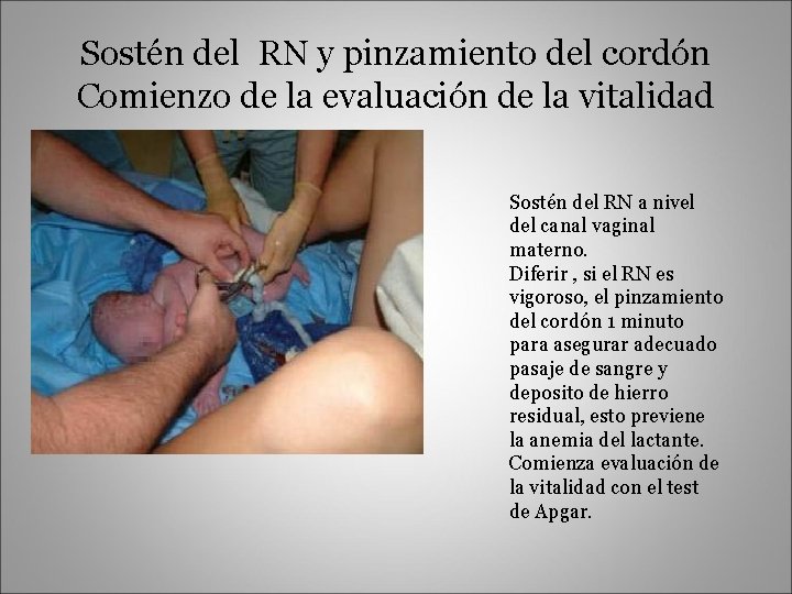 Sostén del RN y pinzamiento del cordón Comienzo de la evaluación de la vitalidad