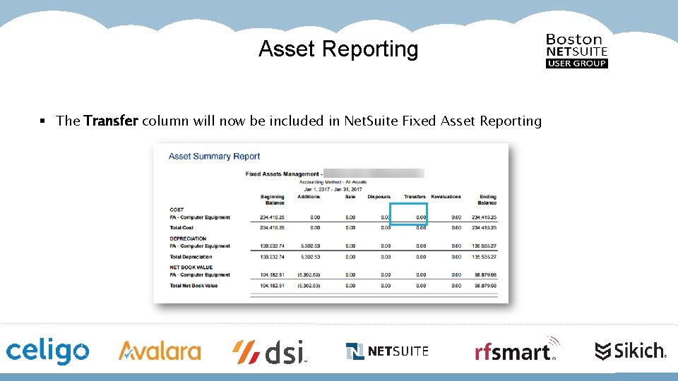 Asset Reporting § The Transfer column will now be included in Net. Suite Fixed