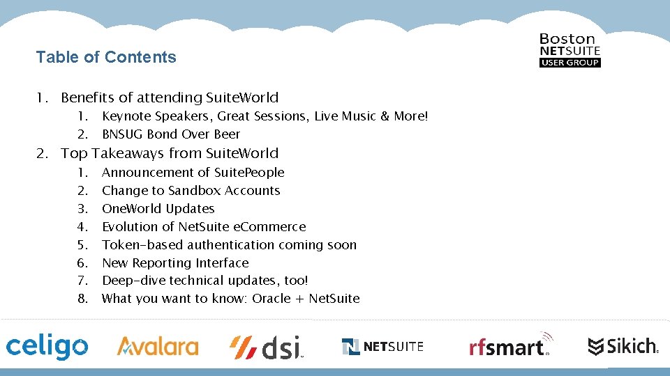 Table of Contents 1. Benefits of attending Suite. World 1. Keynote Speakers, Great Sessions,