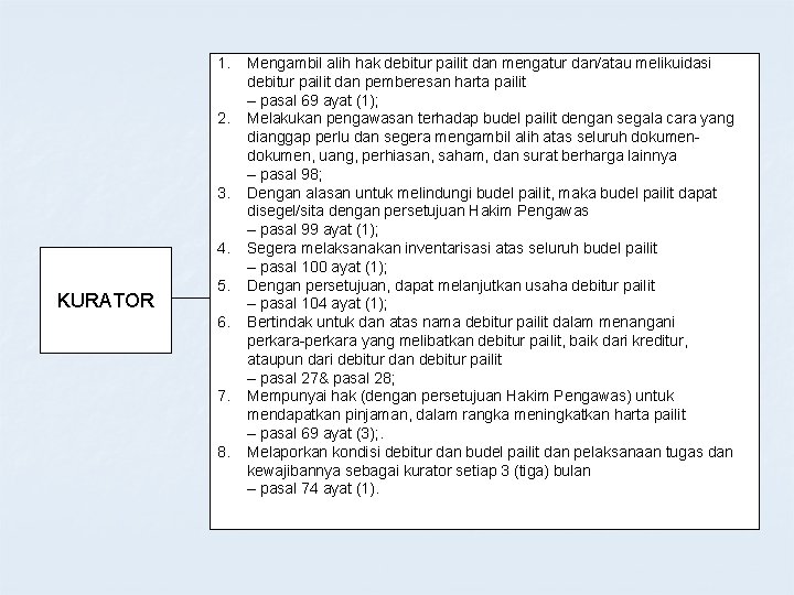 1. 2. 3. 4. KURATOR 5. 6. 7. 8. Mengambil alih hak debitur pailit 1. 2. 3. 4. KURATOR 5. 6. 7. 8. Mengambil alih hak debitur pailit
