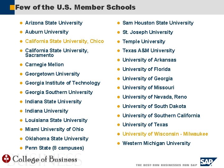 ã Few of the U. S. Member Schools l Arizona State University l Sam