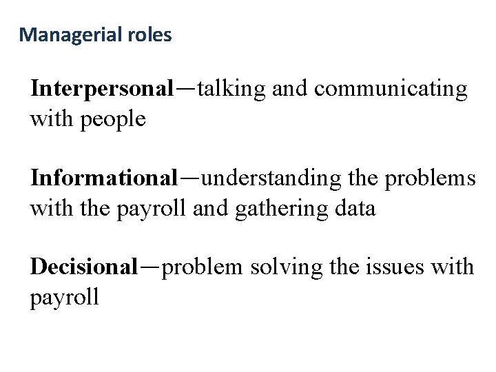 Managerial roles Interpersonal—talking and communicating with people Informational—understanding the problems with the payroll and