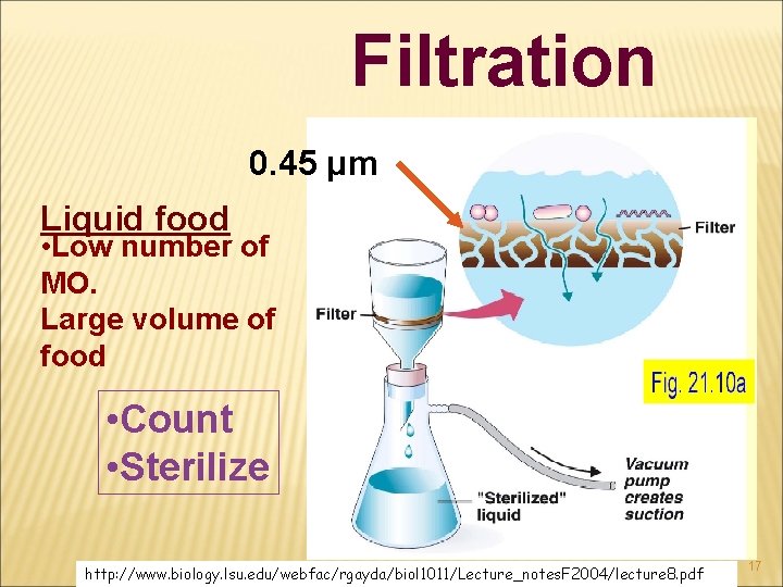 Filtration 0. 45 μm Liquid food • Low number of MO. Large volume of