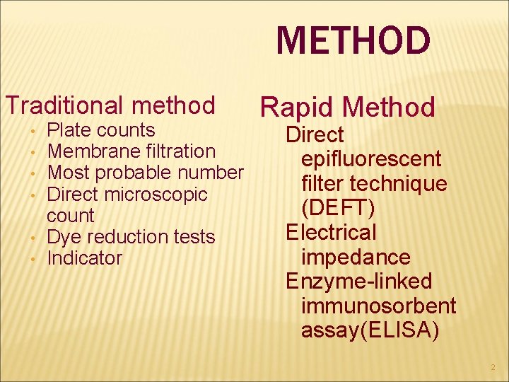 METHOD Traditional method • • • Plate counts Membrane filtration Most probable number Direct