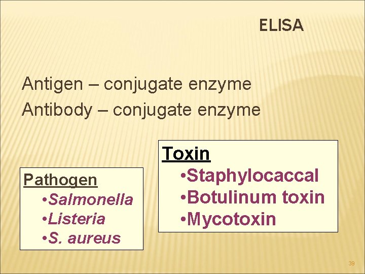 ELISA Antigen – conjugate enzyme Antibody – conjugate enzyme Pathogen • Salmonella • Listeria