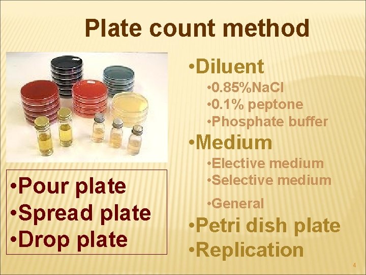 Plate count method • Diluent • 0. 85%Na. Cl • 0. 1% peptone •