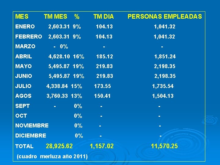 MES TM MES % TM DIA PERSONAS EMPLEADAS ENERO 2, 603. 31 9% 104.