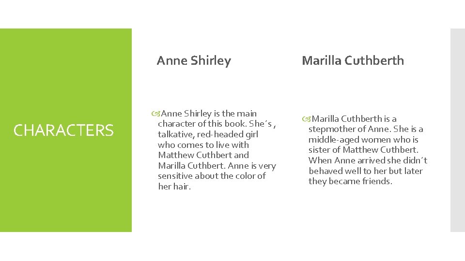 Anne Shirley CHARACTERS Anne Shirley is the main character of this book. She´s ,