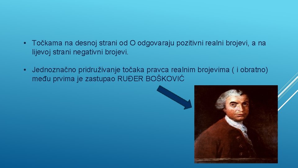  • Točkama na desnoj strani od O odgovaraju pozitivni realni brojevi, a na