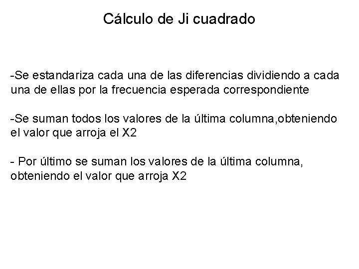 Cálculo de Ji cuadrado -Se estandariza cada una de las diferencias dividiendo a cada