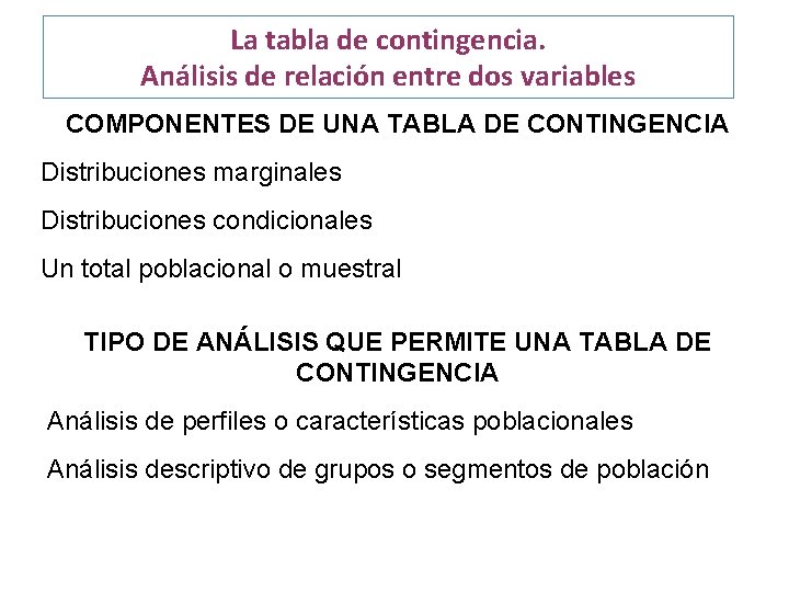 La tabla de contingencia. Análisis de relación entre dos variables COMPONENTES DE UNA TABLA