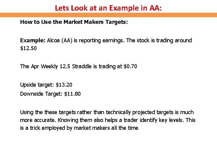 Lets Look at an Example in AA: How to Use the Market Makers Targets: