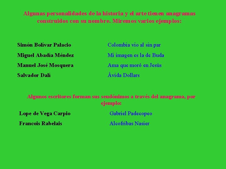 Algunas personalidades de la historia y el arte tienen anagramas construidos con su nombre.