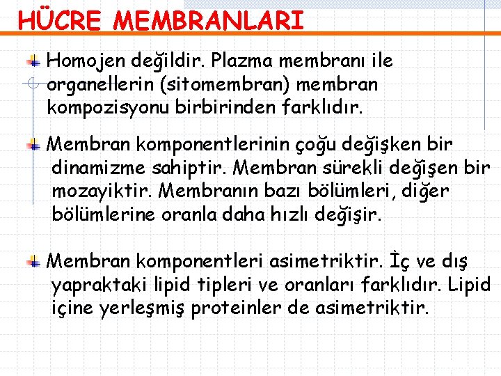 HÜCRE MEMBRANLARI Homojen değildir. Plazma membranı ile organellerin (sitomembran) membran kompozisyonu birbirinden farklıdır. Membran