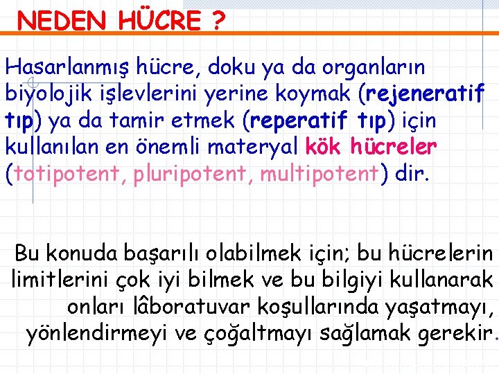 NEDEN HÜCRE ? Hasarlanmış hücre, doku ya da organların biyolojik işlevlerini yerine koymak (rejeneratif