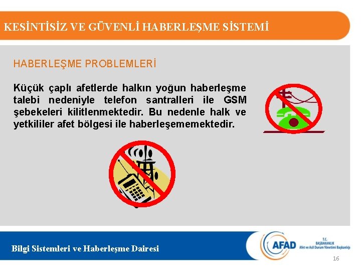 KESİNTİSİZ VE GÜVENLİ HABERLEŞME SİSTEMİ HABERLEŞME PROBLEMLERİ Küçük çaplı afetlerde halkın yoğun haberleşme talebi