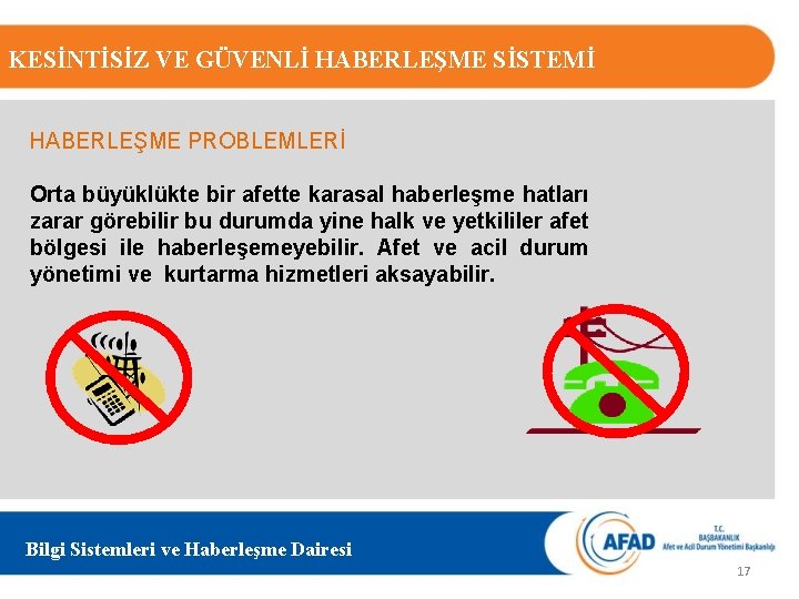 KESİNTİSİZ VE GÜVENLİ HABERLEŞME SİSTEMİ HABERLEŞME PROBLEMLERİ Orta büyüklükte bir afette karasal haberleşme hatları