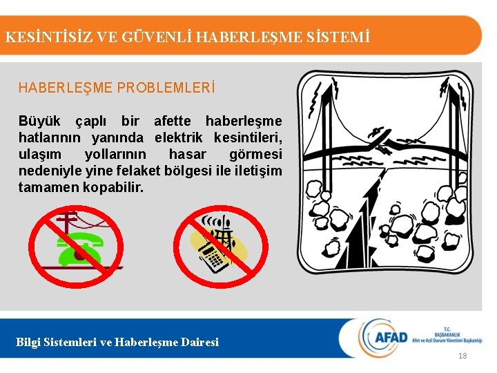 KESİNTİSİZ VE GÜVENLİ HABERLEŞME SİSTEMİ HABERLEŞME PROBLEMLERİ Büyük çaplı bir afette haberleşme hatlarının yanında