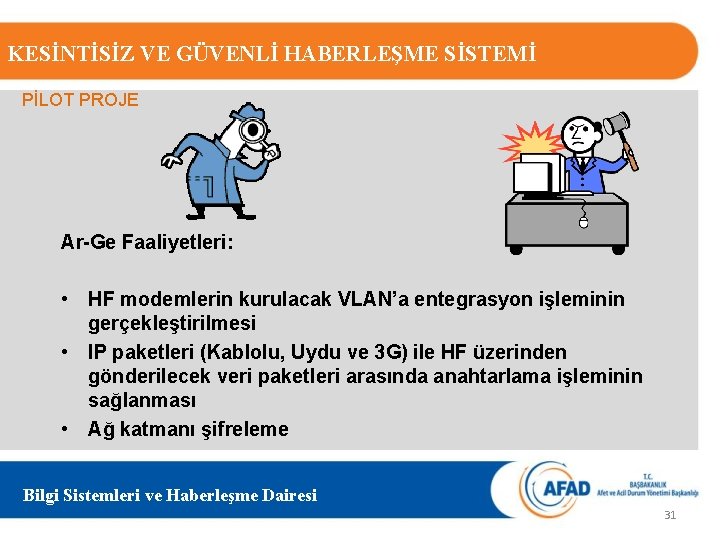 KESİNTİSİZ VE GÜVENLİ HABERLEŞME SİSTEMİ PİLOT PROJE Ar-Ge Faaliyetleri: • HF modemlerin kurulacak VLAN’a