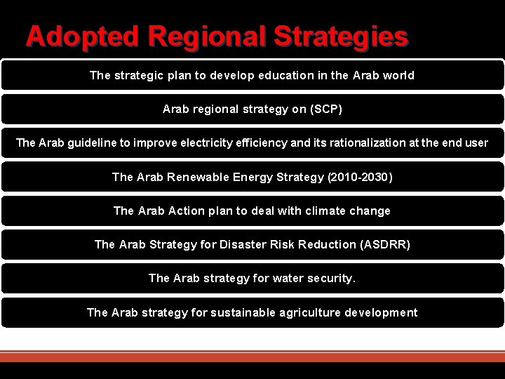 Adopted Regional Strategies The strategic plan to develop education in the Arab world Arab