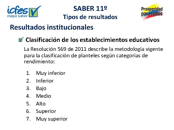 SABER 11º Tipos de resultados Resultados institucionales Clasificación de los establecimientos educativos La Resolución