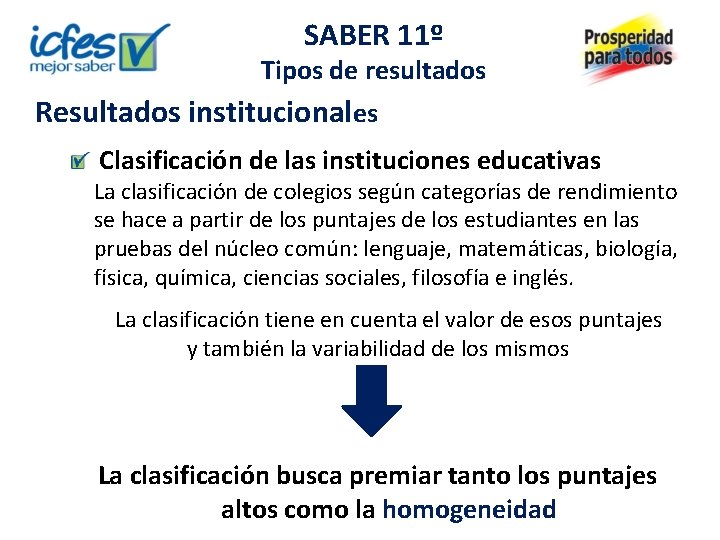 SABER 11º Tipos de resultados Resultados institucionales Clasificación de las instituciones educativas La clasificación