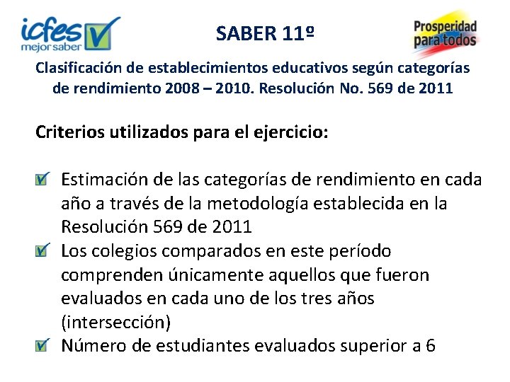 SABER 11º Clasificación de establecimientos educativos según categorías de rendimiento 2008 – 2010. Resolución