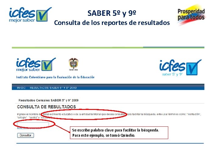 SABER 5º y 9º Consulta de los reportes de resultados Se escribe palabra clave