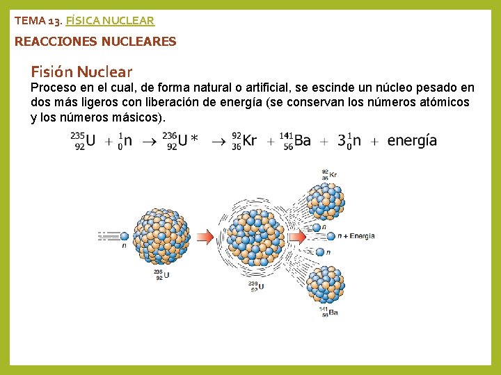 TEMA 13. FÍSICA NUCLEAR REACCIONES NUCLEARES Fisión Nuclear Proceso en el cual, de forma