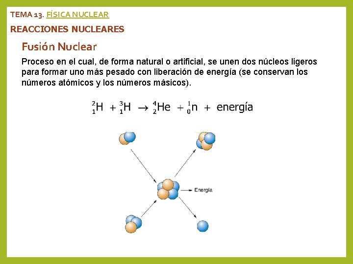 TEMA 13. FÍSICA NUCLEAR REACCIONES NUCLEARES Fusión Nuclear Proceso en el cual, de forma