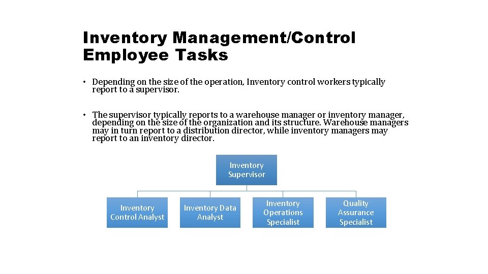 Inventory Management/Control Employee Tasks • Depending on the size of the operation, Inventory control Inventory Management/Control Employee Tasks • Depending on the size of the operation, Inventory control
