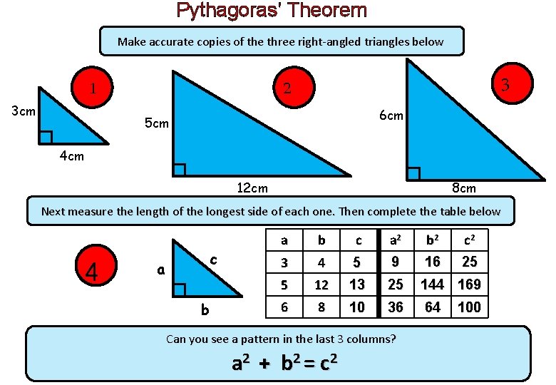 Pythagoras’ Theorem Make accurate copies of the three right-angled triangles below 1 3 cm