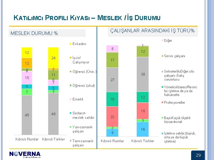 KATıLıMCı PROFILI KıYASı – MESLEK / İŞ DURUMU ÇALIŞANLAR ARASINDAKİ İŞ TÜRÜ% MESLEK DURUMU