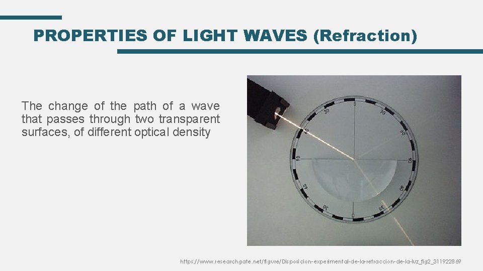 PROPERTIES OF LIGHT WAVES (Refraction) The change of the path of a wave that