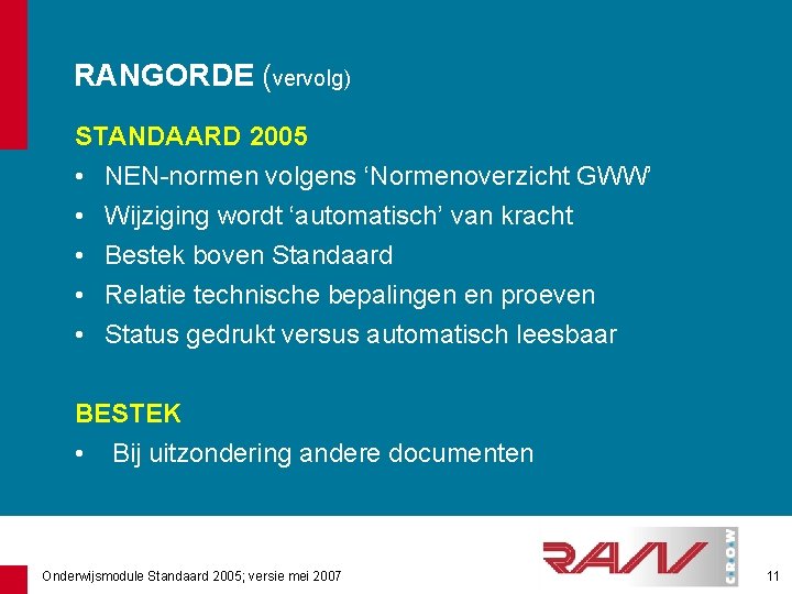 RANGORDE (vervolg) STANDAARD 2005 • NEN-normen volgens ‘Normenoverzicht GWW’ • Wijziging wordt ‘automatisch’ van