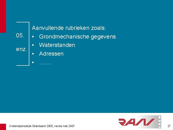 Aanvullende rubrieken zoals: 05. • Grondmechanische gegevens • Waterstanden enz. • Adressen • .