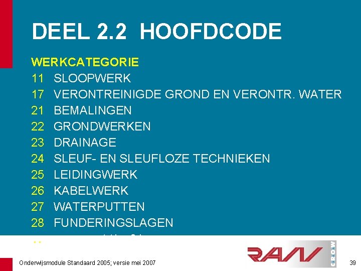 DEEL 2. 2 HOOFDCODE WERKCATEGORIE 11 SLOOPWERK 17 VERONTREINIGDE GROND EN VERONTR. WATER 21