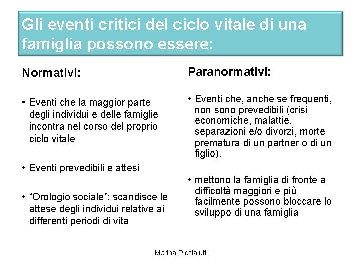 Gli eventi critici del ciclo vitale di una famiglia possono essere: Normativi: Paranormativi: •