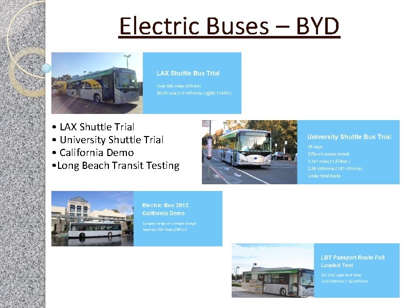 Electric Buses – BYD • LAX Shuttle Trial • University Shuttle Trial • California