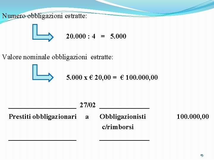 Numero obbligazioni estratte: 20. 000 : 4 = 5. 000 Valore nominale obbligazioni estratte: