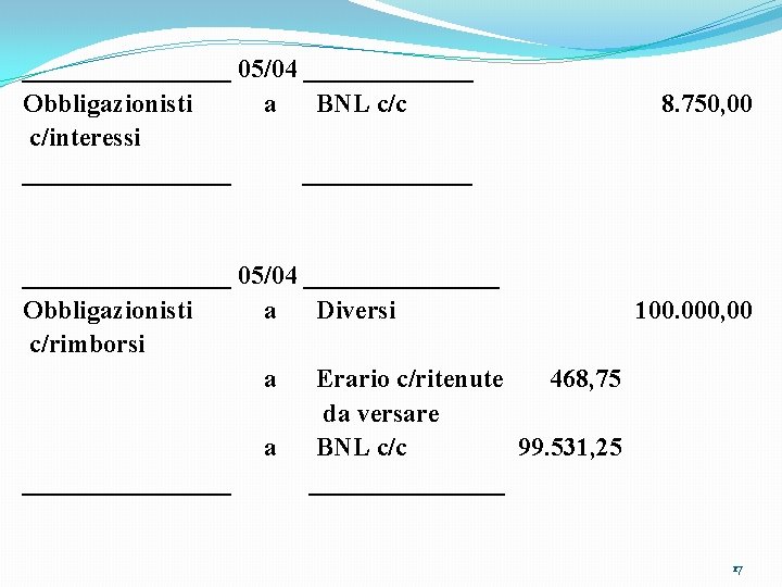 ________ 05/04 _______ Obbligazionisti a BNL c/c 8. 750, 00 c/interessi ________________ 05/04 ________