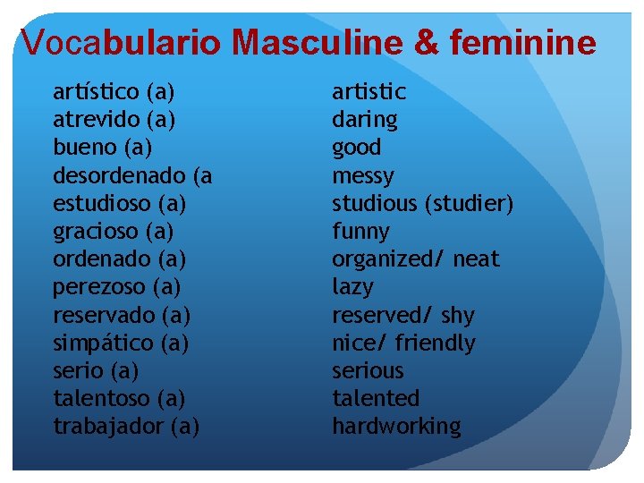 Vocabulario Masculine & feminine artístico (a) atrevido (a) bueno (a) desordenado (a estudioso (a)