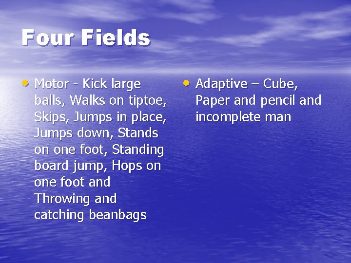 Four Fields • Motor - Kick large balls, Walks on tiptoe, Skips, Jumps in